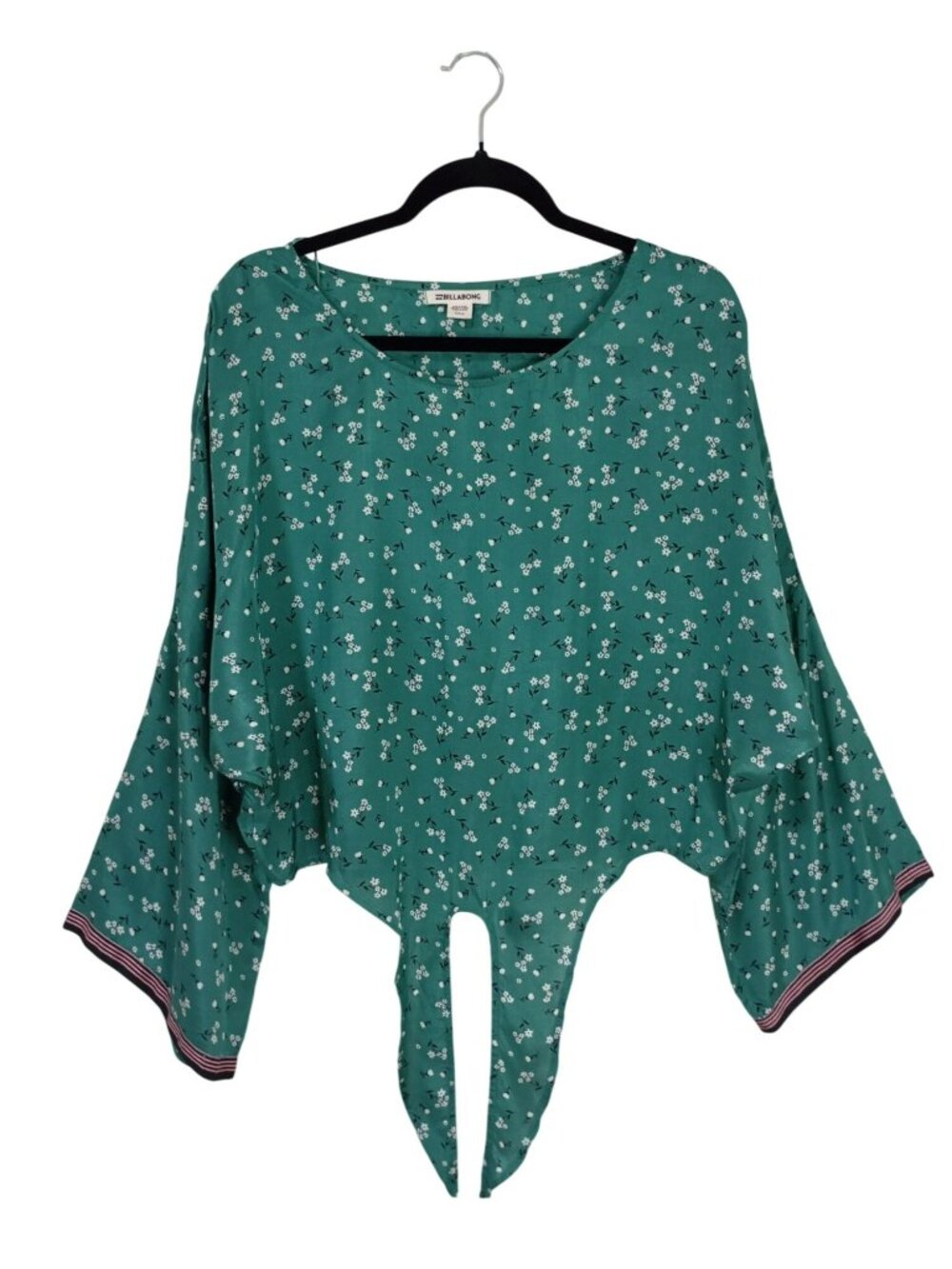 Billabong Green Floral Bell Sleeve Top Bohemia With Handkerchief Hem Size M - Picture 2 of 10